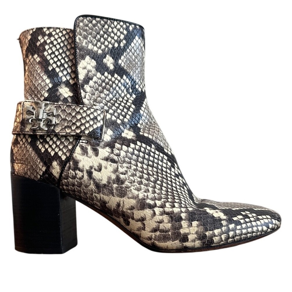 Tory Burch Kira 70mm Snake Embossed Leather Turnlock Booties 7.5
